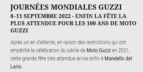 JOURNÉES MONDIALES GUZZI 8–11 SEPTEMBRE 2022